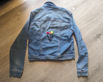 Girls 8-10 Large Embroidered Jean Jacket "skull"