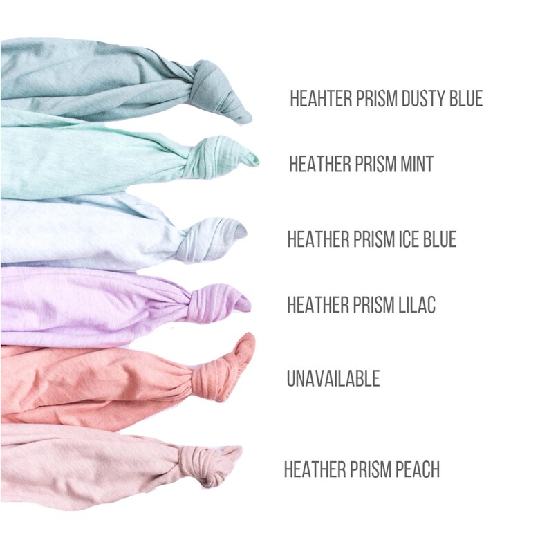 May include: Six fabric swatches in different shades of blue, green, pink, and peach. The swatches are labeled with the color names: Heather Prism Dusty Blue, Heather Prism Mint, Heather Prism Ice Blue, Heather Prism Lilac, Unavailable, and Heather Prism Peach.