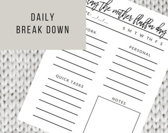 May include: A printable daily planner with the text "Slay the mother fluffin day" at the top. The planner includes sections for work, personal, quick tasks, and notes.