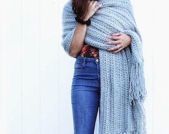 Cozy Hygge Blanket Wrap Crochet PATTERN | Oversized Rectangular Shawl | Easy Modern Bulky Scarf for Winter | Small Crocheted Blanket