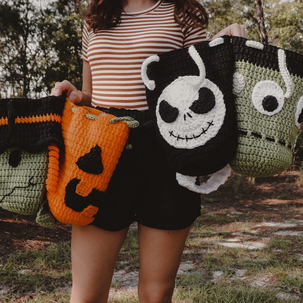 Crochet Halloween Bag PATTERN BUNDLE VENTE | Sac de bonbons Trick or Treat | Citrouille Sorcière Squelette Frankenstein