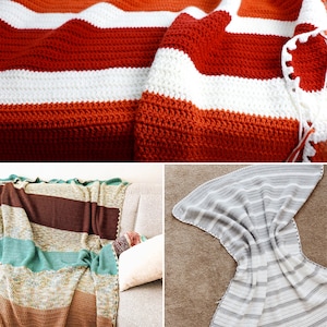 May include: Three crocheted blankets in different colours and patterns. The first blanket is red and white striped, the second is brown, teal, and beige striped, and the third is grey and white striped.