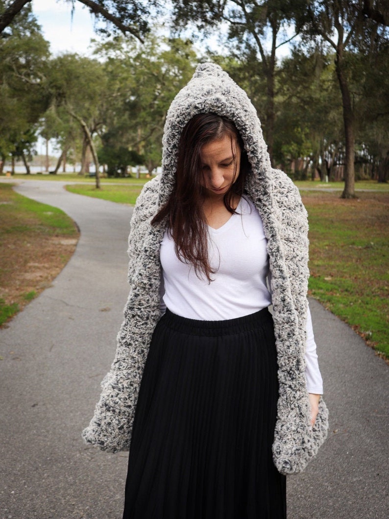 Faux Fur Hooded Scarf with Pockets Crochet PATTERN Quick Done in a Day Scoodie Easy Fall Winter Accessory using Single Crochet Beginner image 3