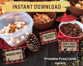 Lumberjack Food Cards, Buffalo Plaid Birthday Decor (PDF Instant Download)