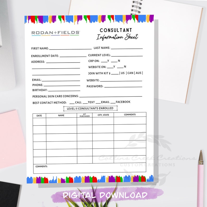 Rodan and Fields Consultant Information Sheet Instant Download RF Printable PC Sheet Rodan ...