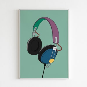 Headphones poster, retro music poster, music lover gift