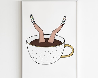 Coffee illustration print, Coffee poster, Coffee lover gift, office decor, Coffee wall art, digital file, pdf, digital print