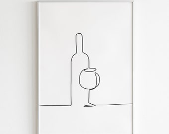 Wine print, printable kitchen decor, one line art, minimalistic kitchen decor, Scandinavian kitchen