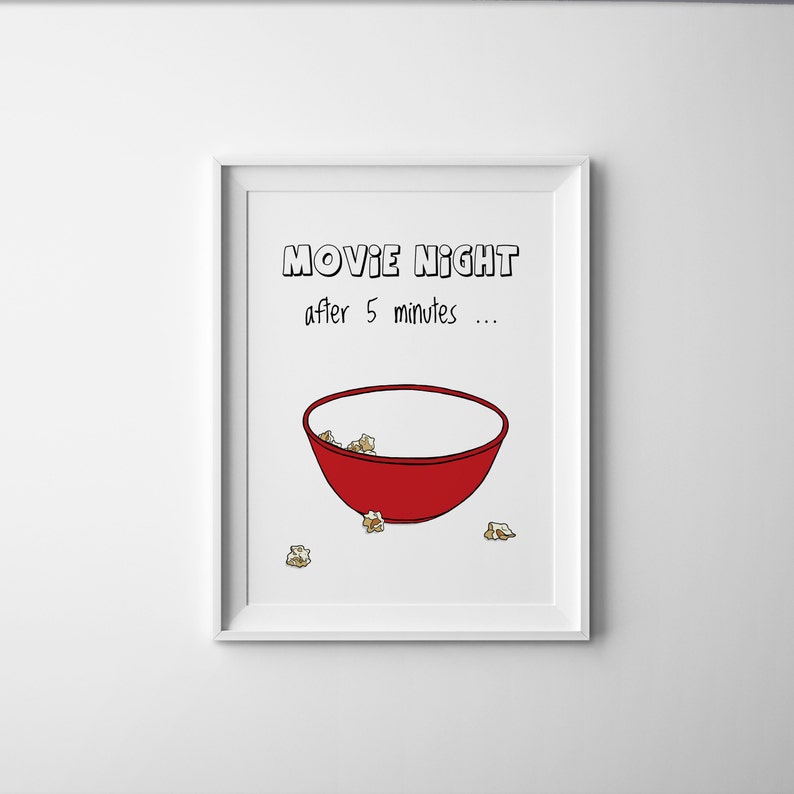 popcorn, popcorn bowl, digital print, living room decor, funny wall art, downloadable prints, girlfriend gift, best friend gift, movies zdjęcie 4