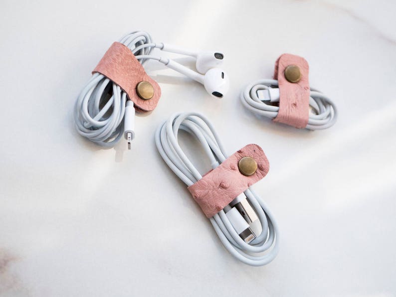 Clever /& Stylish way to organise your cables 3 x Ostrich Cable Hugs 100/% Up-Cycled Italian Ostrich Leather