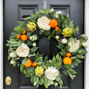 Real Touch Peony, Artichoke, Orange Clusters and Skimmia Wreath, artificial and outdoor safe wreath