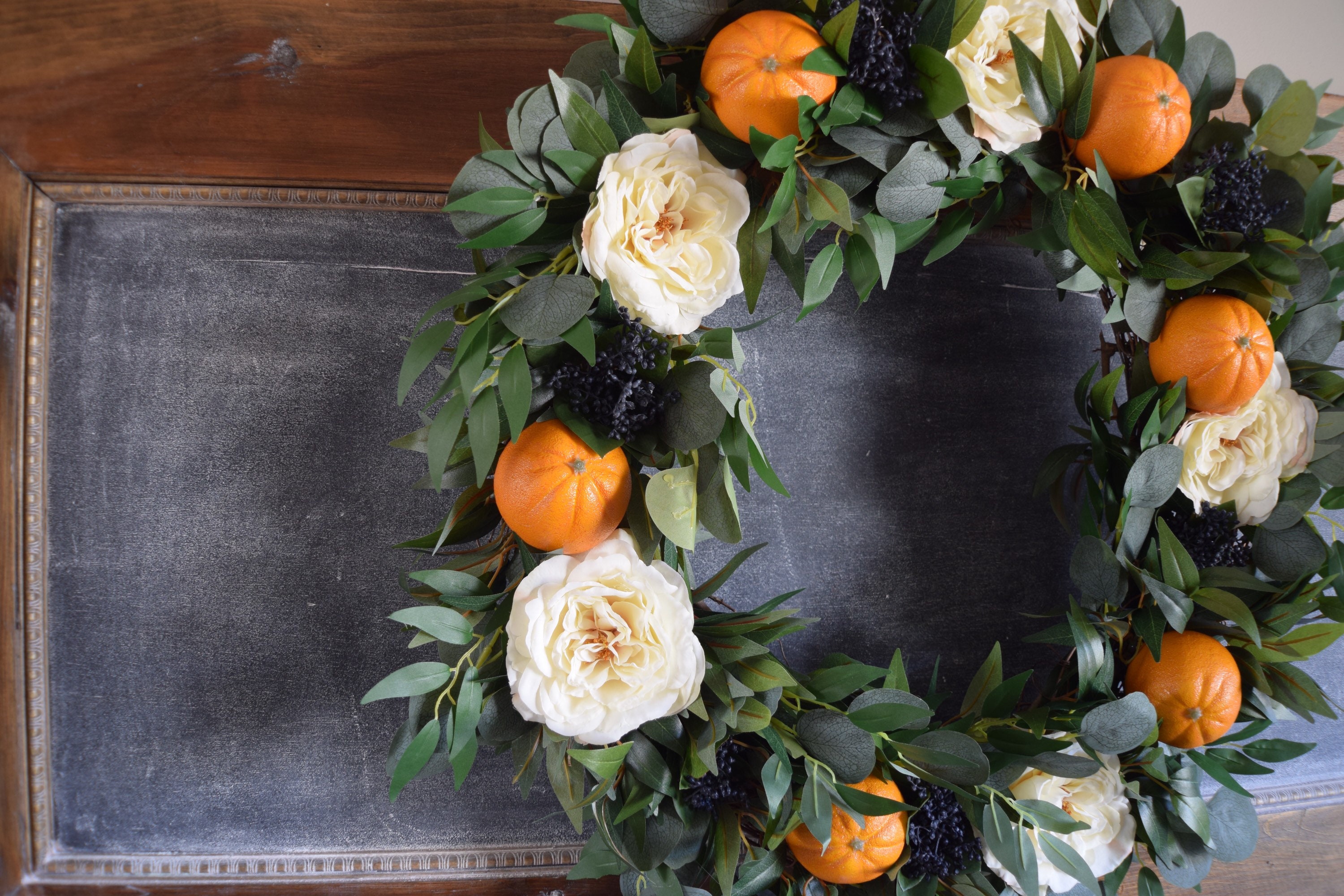 Farmhouse wreath, orange wreath, wedding wreath, floral wreath, wedding