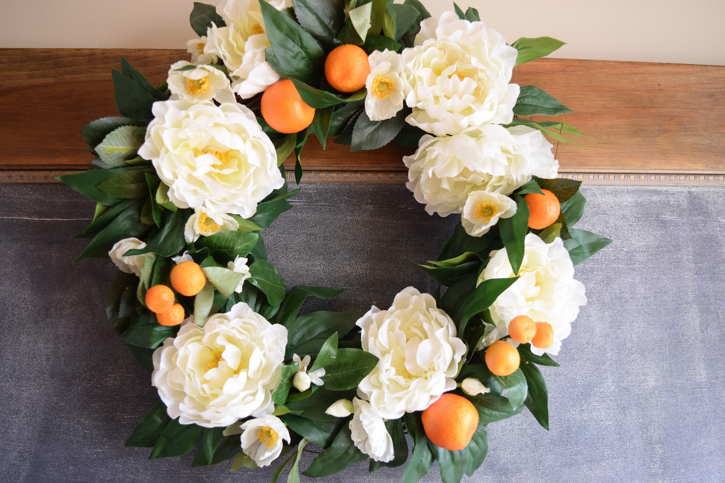 faux orange fruit and peony wreath, Spring wreath