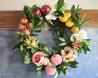 BEST SELLER The All Season Wreath, fruit wreath, front door decor, artichoke, pear, olive, peach wreath