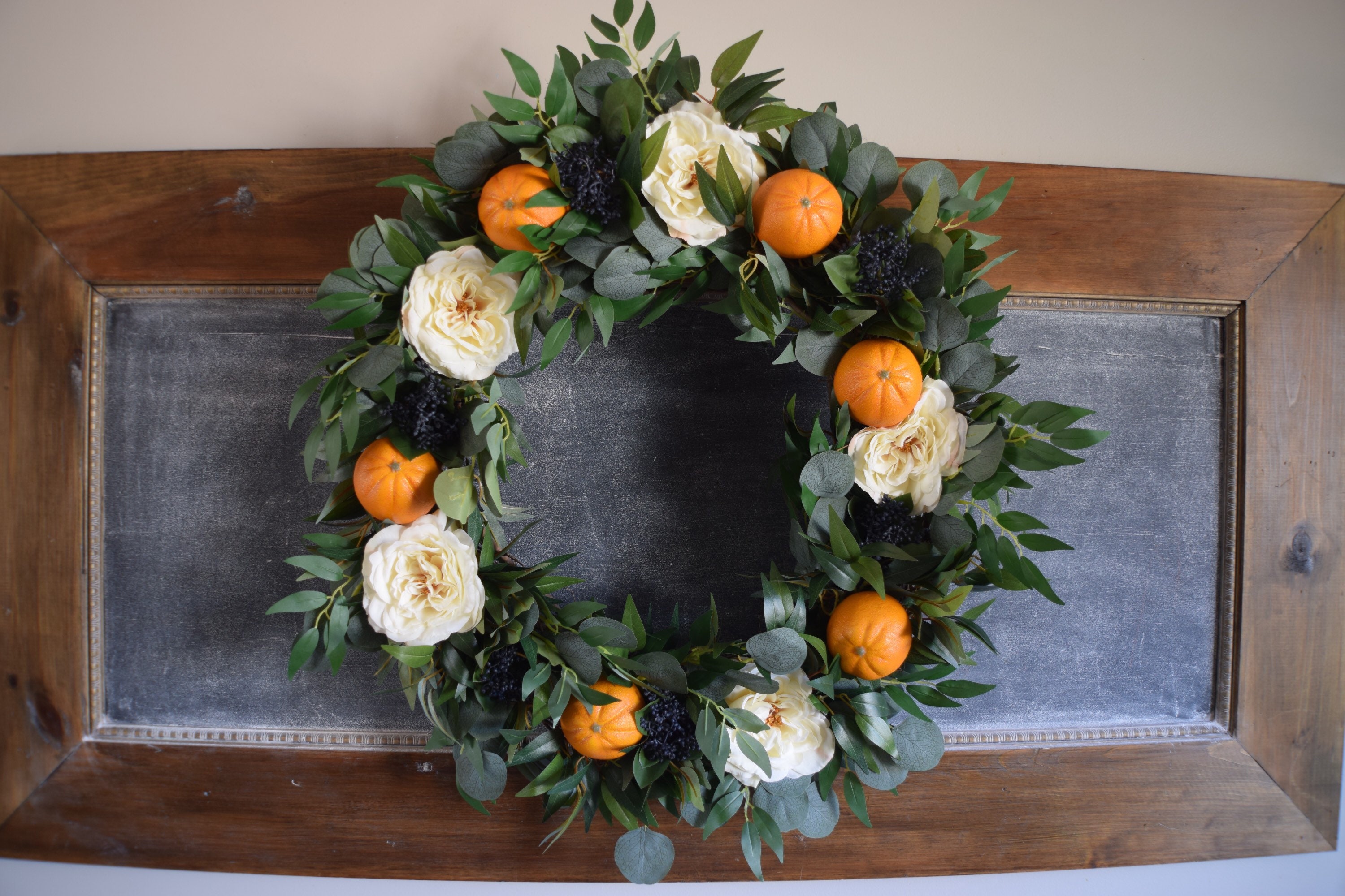 Farmhouse wreath, orange wreath, wedding wreath, floral wreath, wedding