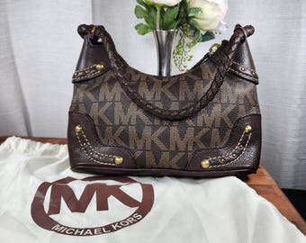 Michael Kors MK Monogram Shoulder Bag Brown Leather Braided Strap