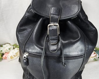 Vintage Coach Black Leather Backpack Drawstring Daypack