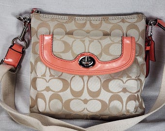 Coach Signature Canvas Crossbody Bag Coral Patent Trim Turn Lock Purse