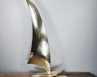 Vintage Brass Sailboat Sculpture, Mid Century Modern Nautical Decor, 18" Abstract Brass Art