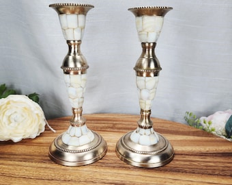 Vintage Mother of Pearl Brass Candlestick Holders Pair White Shell Mosaic