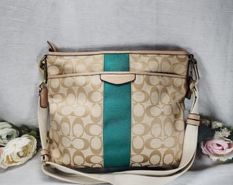 Coach Signature Stripe Crossbody Bag F28502 Khaki Canvas Green Stripe Leather Trim Messenger Purse