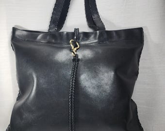 Vintage Lauren Ralph Lauren Braided Leather Tote Black Equestrian Bag