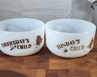 Vintage Milk Glass Nursery Rhyme Bowls Thursday Sunday Cottage Kitchen Decor Set of 2