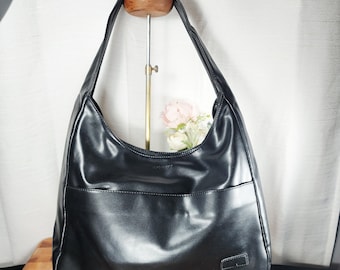 Vintage Black Vegan Leather Hobo Bag Slouchy Shoulder Purse Minimalist