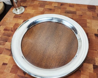 Vintage Silverplate Wood Gallery Tray Round Butler Serving Tray Mid Century