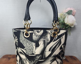 Salvatore Ferragamo Shoe Print Tote AT 2250 Black White Canvas Leather Designer Handbag
