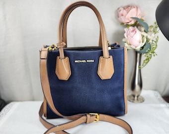 Michael Kors Navy Canvas Mini Satchel Crossbody Bag Leather Trim