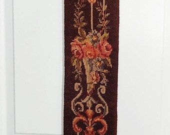 Vintage Needlepoint Bell Pull Floral Tapestry Ornate Brass Hardware 64 Inch Wall Hanging