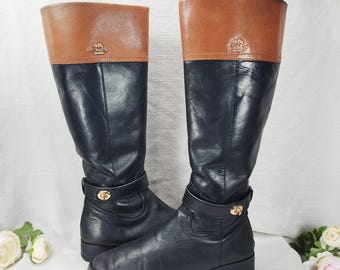 Coach Two Tone Leather Riding Boots Size 8B Black Brown Knee High Equestrian
