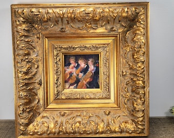 Morgan Kuhn "Three Cellos" Original Miniature Oil Painting in Ornate Gilt Frame