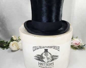 Antique Collins & Fairbanks Top Hat with Original Box Boston Black Silk Plush Formal Hat