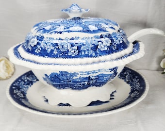 Vintage Adams English Scenic Blue Staffordshire Serving Set Tureen Platter Ladle