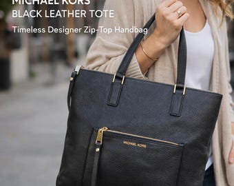 Michael Kors Ariana Large Leather Tote: Black Gold Hardware Shoulder Bag Work Travel Purse