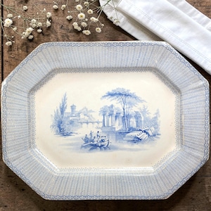 Antique English Ironstone Platter Aleppo Transferware Blue White Serving Platter 15.5” Clementson Young & Jameson