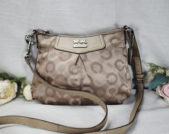 Coach Signature Jacquard Crossbody Bag Champagne Beige Leather Trim Purse Metallic C Logo Shoulder Bag