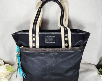 Coach Black Nylon Tote Bag Blue Stitch Leather Trim Large Shoulder Purse F14053