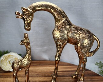 Vintage Brass Mother Baby Giraffe Figurines Etched Safari Animal Decor