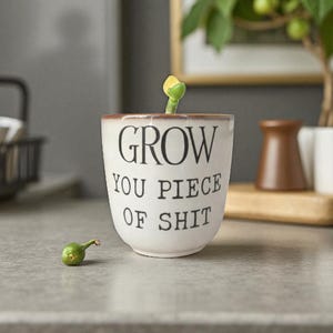 May include: A white ceramic mug with the words "GROW YOU PIECE OF SHIT" printed in black. A small green sprout emerges from the top. A small green pod is next to the mug. The mug has a brown rim.