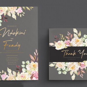 May include: Two wedding invitation cards with a gray background and floral designs. The top card has the text "The Wedding of Nadokmi and Fendy" in gold lettering. The bottom card has the text "Thank You" in gold lettering.
