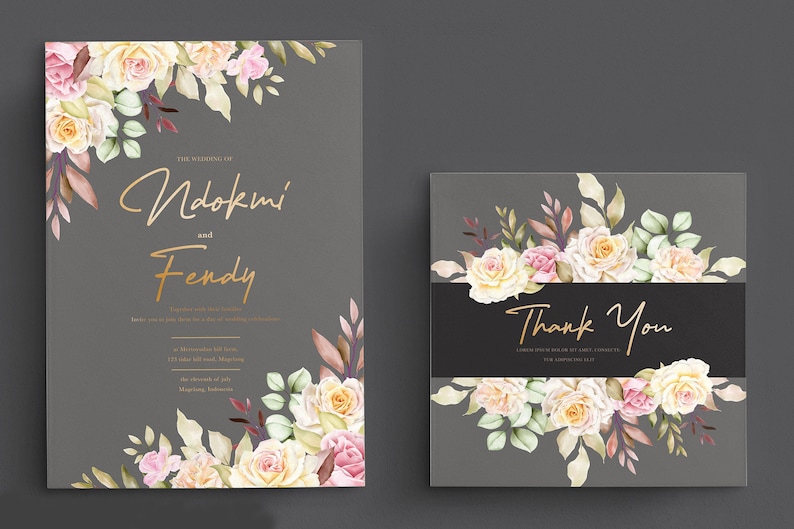 May include: Two wedding invitation cards with a gray background and floral designs. The top card has the text "The Wedding of Nadokmi and Fendy" in gold lettering. The bottom card has the text "Thank You" in gold lettering.