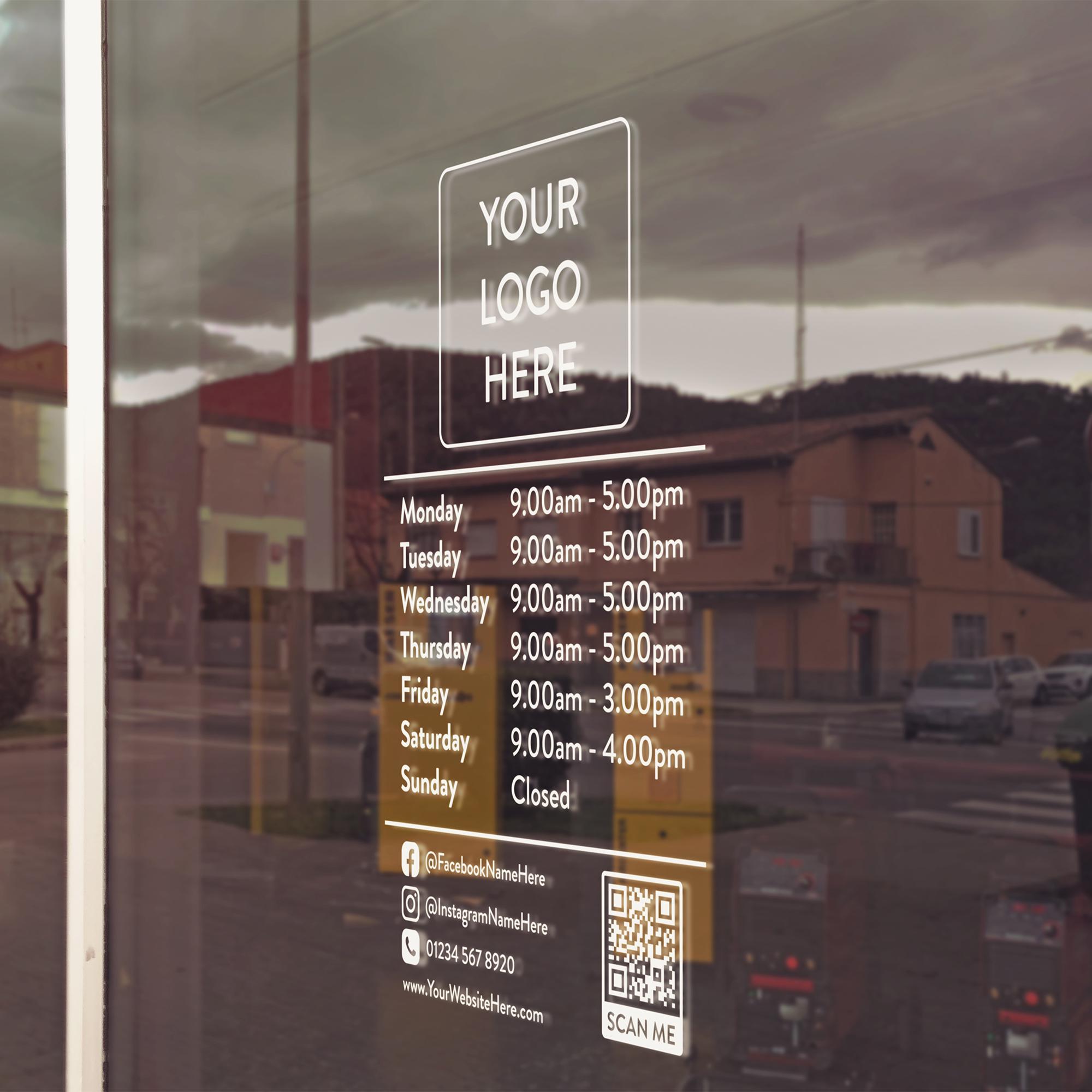 Custom Business Hours Vinyl Decal, Logo & QR Code Window Sticker - Etsy UK