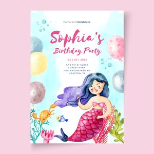 May include: A watercolor birthday party invitation featuring a mermaid with purple hair and a pink tail. The invitation includes the name "Sophia's Birthday Party" and details about the party, including the date, time, and location.