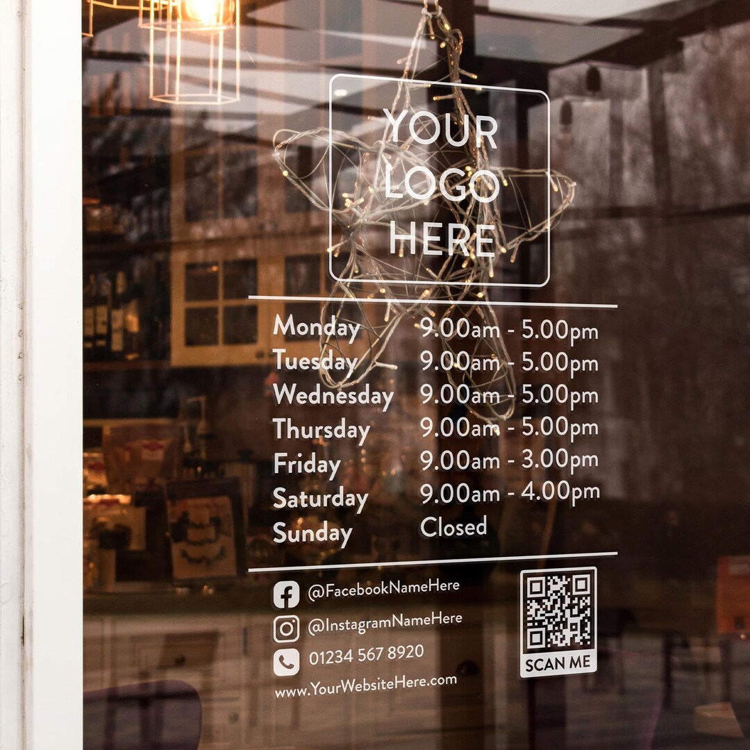 Custom Business Hours Vinyl Decal, Logo & QR Code Window Sticker - Etsy UK