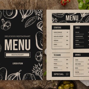 May include: A black and white menu with a chalkboard background and a hand-drawn illustration of vegetables. The menu is titled "Delicious Restaurant Menu" and lists starters, sides, to share, and drinks with prices.