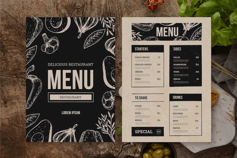 May include: A black and white menu with a chalkboard background and a hand-drawn illustration of vegetables. The menu is titled "Delicious Restaurant Menu" and lists starters, sides, to share, and drinks with prices.