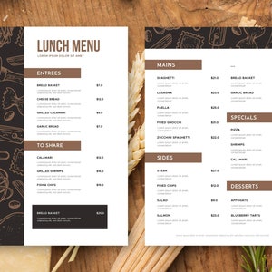 May include: A lunch menu with a brown background and white text. The menu is divided into sections for entrees, mains, sides, specials, and desserts. The prices are listed next to each item. The menu is decorated with hand-drawn illustrations of food.